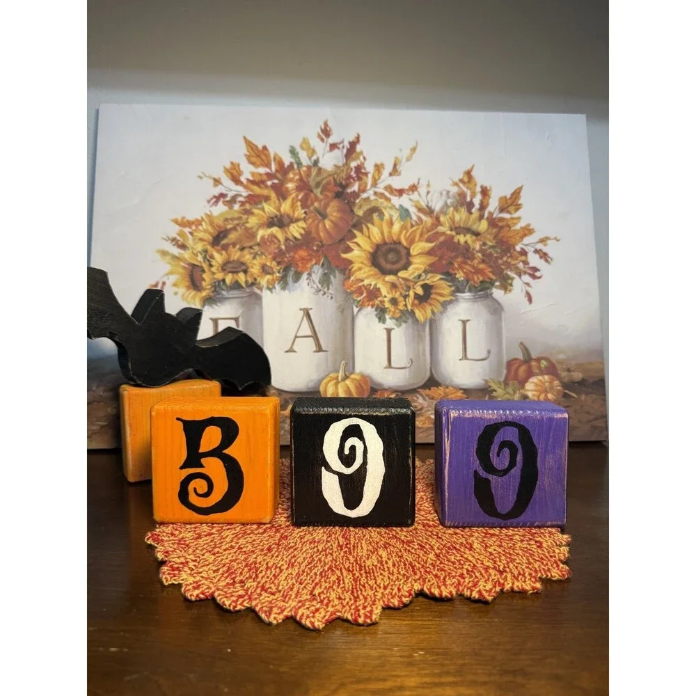 Halloween Decor BOO Wooden Block Handmade Set Primitive Farmhouse Tiered Rustic